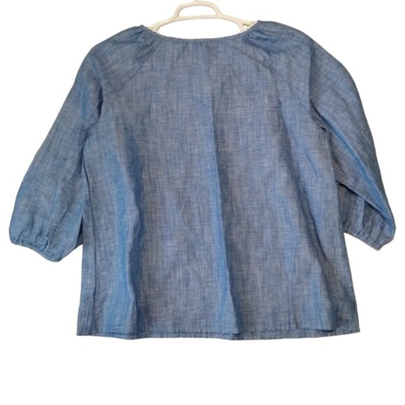 Talbots Embroidered Tassels V-Neck Top Size L Blue Linen Blend 3/4 Sleeve Boho - Picture 4 of 6